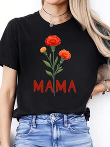 OversizeCamiseta ajustada para hombre y mujer con estampado de flores de clavel, Feliz Día de la Madre, cuello redondo, cómoda y suave, entrega local, linda. - Negro - Ver 6