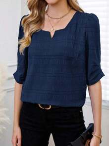 Camisa de mujer con cuello en V y estampado floral, de uso casual y versátil para el día a día - Azul marino - Ver 7