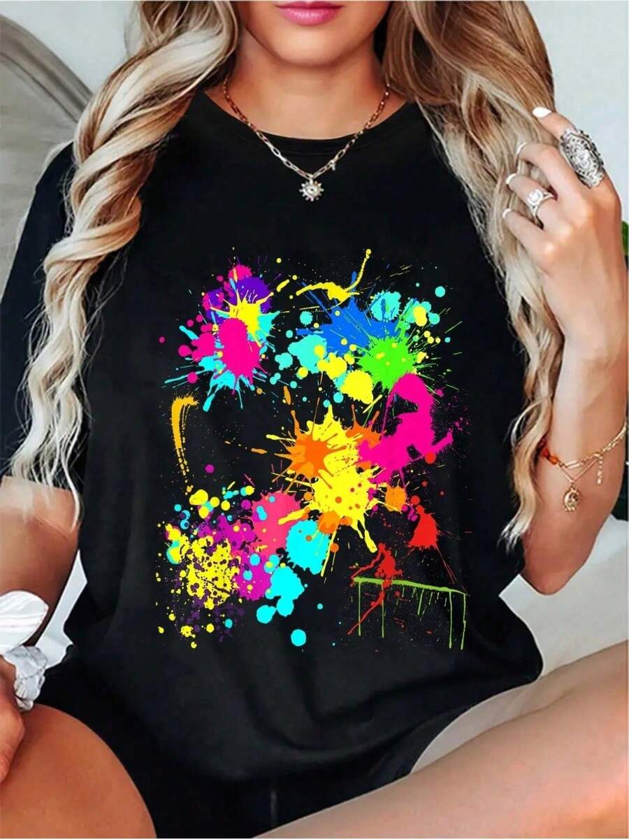 Camiseta Negra con Estampado de Grafiti Colorido - Estilo Casual Simple - 100% Algodón Puro - Suave y Cómoda, Cuello Redondo, Manga Corta, Top de Moda Urbana para Todas las Temporadas, Ropa Casual de Calle| Camiseta de Cuello Redondo Y2k - Negro - Ver 1