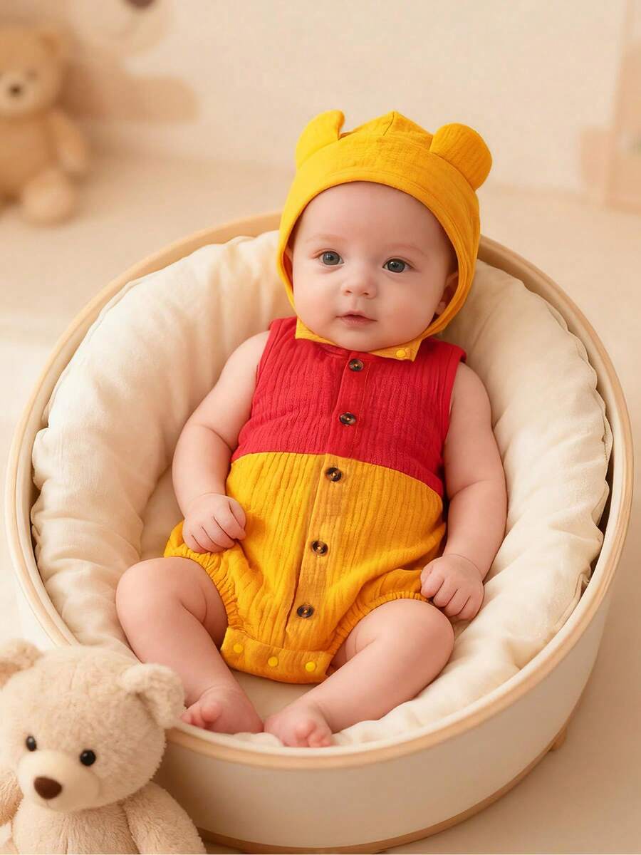 Bộ áo liền thân hình gấu cho bé trai, kèm mũ tai gấu, màu đỏ và vàng tương phản, chất liệu vải gạc thoáng khí, thích hợp cho chụp ảnh kỷ niệm 100 ngày/sinh nhật 1 tuổi của bé. - trái cam - Xem 1