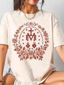 1 Catholic Marian T-Shirt, Catholic Gift, Catholic Marian Religious T-Shirt, Christian Faith Clothing, Floral Religious T-Shirts For Women, T-Shirt With Cross, Cute Summer T-Shirts For Women, Printed Round Neck T-Shirt, Graphic T-Shirts For Women, 180g 100% Cotton, All Designs Are Printed. Unisex. - White006 - 查看 12