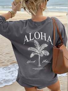 Women's Short-Sleeved T-Shirt With A Round Neck And Palm Tree Print, A Casual And Modern Style, Ideal For Summer, Your Everyday Essential. Graphic Print T-Shirt - 深灰色 - 查看 5
