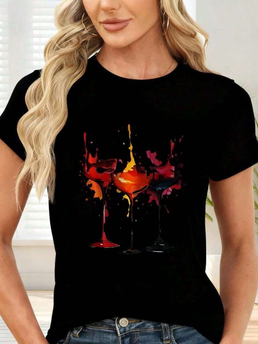 GiftCamiseta de  con Estampado de Copas de Vino y Salpicaduras de Colores para Fiesta y OcioSoft - Negro - Ver 1
