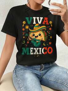 GiftT-Shirt For Women, Cinco De Mayo Taco, Viva Mexico - Women's Graphic T-Shirt, Casual Crew Neck, Short Sleeve, Soft Polyester Blend, Festive Mexican Flag Design With Sombrero And Guitar, Ideal For Summer And Vacation, Cultural Print, Bright Acao, Fun Gift - 黑色 - 查看 6