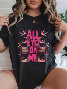 Camiseta Casual de Mujer con Estampado de Ojos y Manos "All Eyez On Me", Adecuada para Todas las Temporadas  
 -Blanco - Negro - Ver 1