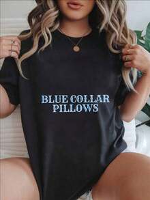 Camiseta Casual con Estampado Moderno para Mujer de Blue Collar Pillows, Adecuada para Todas las Temporadas  
 - - Negro - Ver 1