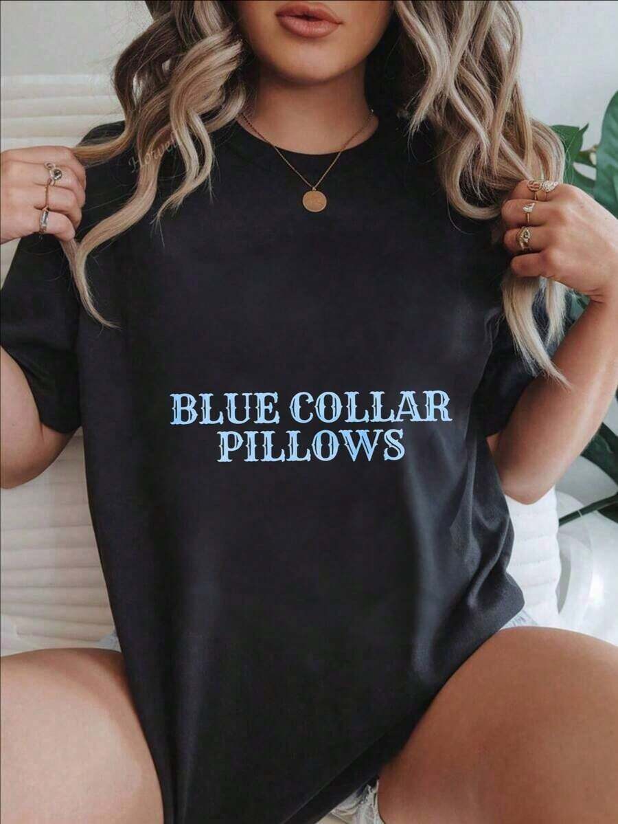 Camiseta Casual con Estampado Moderno para Mujer de Blue Collar Pillows, Adecuada para Todas las Temporadas  
 - - Negro - Ver 1