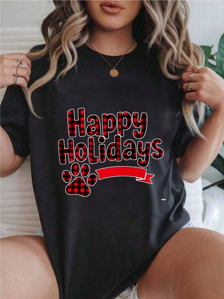 Women's Casual Short Sleeve T-Shirt - Red Plaid Design With Pet Paw Print For Parties, Crew Neck, Summer Top, Machine Washable, Ladies' T-Shirts, Casual Wear, Modern Style, Comfortable Fit
-White - 黑色 - 查看 1