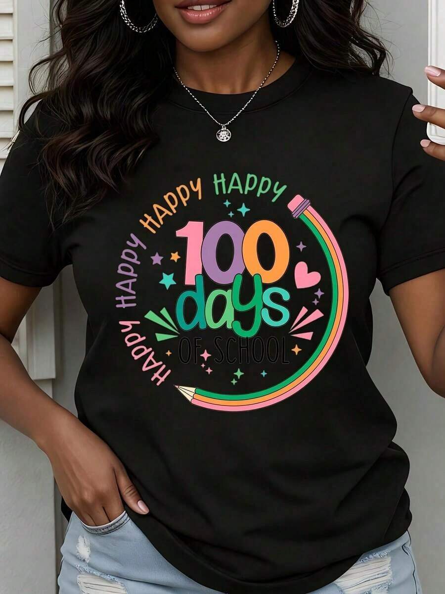 Camiseta de Cuello Redondo para Mujer con Estampado de Lápiz Arcoíris "Felices 100 Días de Escuela", Manga Corta para Eventos de Celebración Escolar - Negro - Ver 1