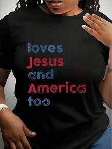 1 pieza Camiseta con estampado "God Christian 4th Of July Loves Jesus And America Too" para verano, camiseta de manga corta suave para mujer, camiseta elegante y cómoda para mujer, camisetas con estampados gráficos, 180g 100% algodón, todos los diseños están impresos. Unisexo. - Negro - Ver 2