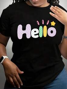 Camiseta de talla grande para mujer con estampado de la marca Hello - 100% de tela suave y transpirable, con un diseño de letras en degradado rosa y amarillo y divertidos detalles de estrellas, top casual de manga corta con cuello redondo para primavera, verano y otoño, cómoda para el uso diario, lavable a máquina, versátil para todas las estaciones. - Negro - Ver 6
