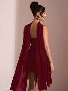 Vestido corto de gasa con escote en V profundo y cinta de color negro sólido, adecuado para citas diarias, salidas nocturnas, discotecas, fiestas, reuniones, fiestas de cóctel, monos de vacaciones, fiestas en la piscina, ropa de oficina, vestidos para ir y venir - Burdeos - Ver 5