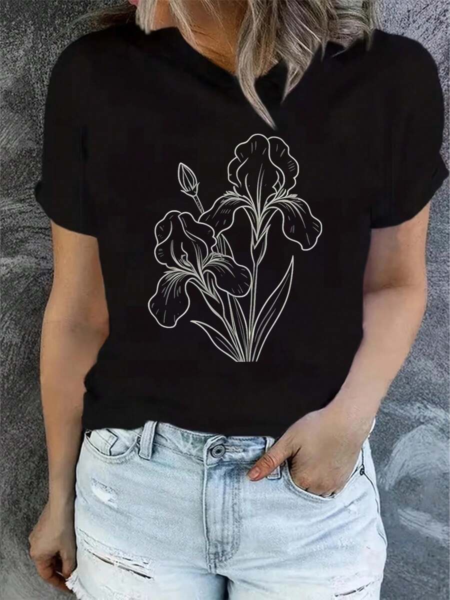 Designed For Modern, Stylish, And Comfortable Women, This Short-Sleeved Printed T-Shirt Is Fashionable And Casual, With A Comfortable Fit, Machine Washable, And A Flat 2D Print. Made From Premium Soft And Breathable Fabric, It's Designed For All-Day Comfort And Versatile Everyday Wear, Perfect For Casual Outings. - 黑色_06 - 查看 1