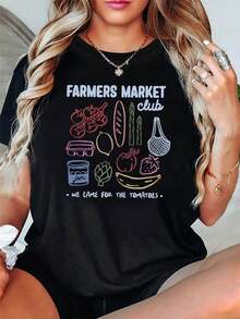 Women's Farmers Market Theme T-Shirt | Casual Short Sleeve T-Shirt With Vegetable, Mesh And Link Decoration, Pink-Green-Blue, Fresh For The Fresh Produce Market - 黑色 - 查看 6