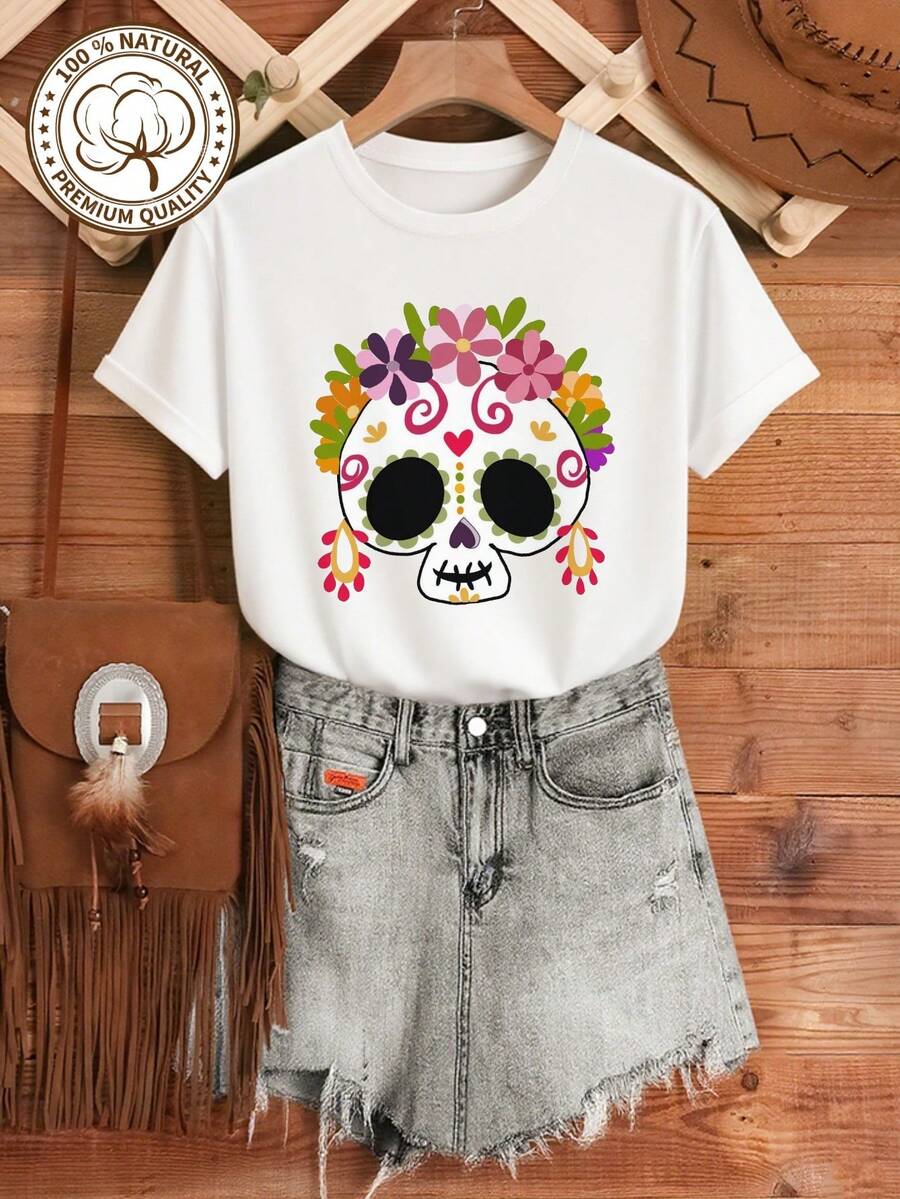 MYAZUL Women's Plus Size Soft Cotton T-Shirt With Mexican Skull Floral Design, Gift For Day Of The Dead, Halloween, Fashionable Summer Dresses For Women, Casual, Perfect For All Seasons, Sizes S M L XL - 白色 - 查看 1