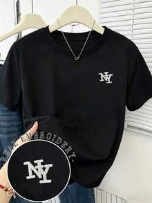 Camiseta de cuello redondo holgada con bordado de letra NY en negro, top casual de verano; Camiseta casual de manga corta gris claro, diseño elegante y cómodo, camiseta casual para exteriores - Negro 2 - Ver 3