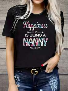 Soft 100% Cotton Plus Size T-Shirt, Fashionable For Summer, Short Sleeve Round Neck Letter Print T-Shirt For Women, Plus Size, For Mother's Day, Comfortable Plus Size Casual T-Shirt For Women, Printed, Short Sleeve, Round Neck, Breathable Cotton T-Shirt, Goes With Everything, Great. - 黑色 - 查看 1