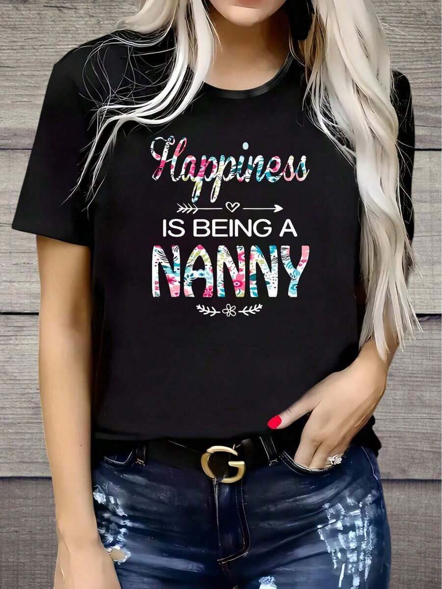 Soft 100% Cotton Plus Size T-Shirt, Fashionable For Summer, Short Sleeve Round Neck Letter Print T-Shirt For Women, Plus Size, For Mother's Day, Comfortable Plus Size Casual T-Shirt For Women, Printed, Short Sleeve, Round Neck, Breathable Cotton T-Shirt, Goes With Everything, Great. - 黑色 - 查看 1