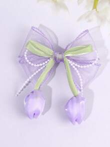 1pc Purple Tulip Hair Bow For Women Elegant Faux Pearl Chain Bow Hair Clip Purple Organza Bow Alligator Clip Romantic Bead Chain Bow Hair Barrette Cute Flower Hairpin For Daily Party & Holiday Women Hair Accessories,Travel,Birthday, Claw Clips - Purple - View 9