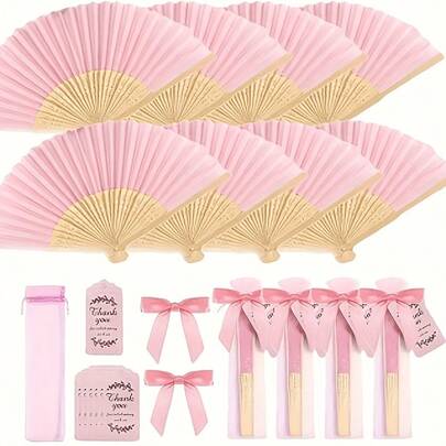 Bộ 40/20 chiếc, Quạt giấy tre gấp màu hồng, kèm túi quà và thiệp cảm ơn, quạt cầm tay tre cô dâu, quà tặng tiệc độc thân cho cô dâu, quạt cầm tay tre cho phù dâu.