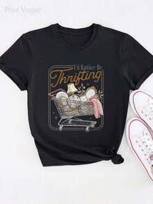 Camiseta Estética de Tienda de Segunda Mano "Preferiría Ir a la Tienda de Segunda Mano" para Mujer y Unisex - Suave, Transpirable, Casual, de Manga Corta y Cuello Redondo con Gráfico de Tienda de Segunda Mano, Regalo Ideal para Compradoras - Tops de Verano - Nuevas Prendas de Verano 2026 para Mujer - Ropa de Vacaciones para Mujer, Transpirable y Cómoda - Negro - Ver 3