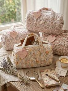 Bolso de mano acolchado con estampado floral campestre, bolso de gran capacidad para viajes cortos, artículos de tocador y uso diario, 3 estampados de color - Multicolor - Ver 3