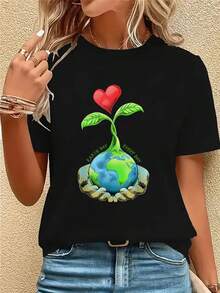 Camiseta Casual de Mujer de Manga Corta - Estampada, Diseño Holgado de Cuello Redondo, Tejido Elástico Transpirable, Lavable a Máquina, Top Versátil para Todas las Estaciones, Uso Diario, Estampados Divertidos, Material Cómodo, Estilo de Moda - Negro - Ver 6