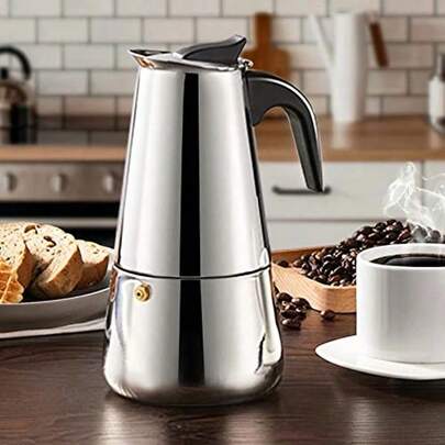 Ấm pha cà phê Moka, 4 cốc (7.05 oz), dùng trên bếp, làm bằng thép không gỉ 304, tương thích với bếp từ, màu bạc.