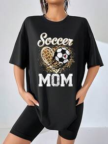 Heart With Leopard Print And Soccer Ball Symbolizing A Mother's Passion For Supporting Her Team And Family With Energy. Women's T-Shirts, 100% Cotton, Casual, Comfortable, Ideal For Everyday Wear And Sports. - Black - View 1