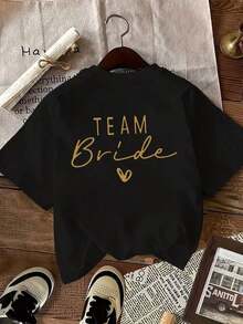 Women's Short Sleeve T-Shirt - Round Neck Blouse With Double-Sided Print, Letters And Heart, Suitable For All Seasons, Comfortable Casual Wear, Machine Washable, Versatile For Wedding Guest Outfits. - 黑色 - 查看 2