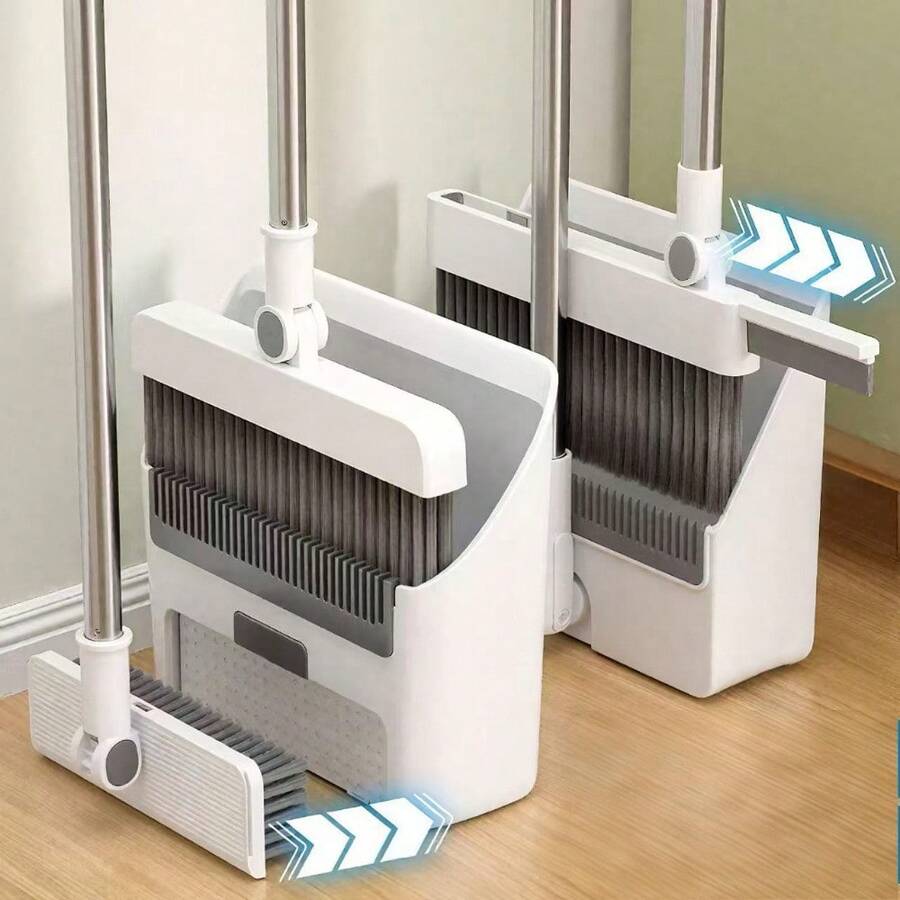 4-In-1 Multifunctional Broom And Dustpan Combo Set With Long Handle, Squeegee And For Cleaning Brush, For Clean Home Kitchen Bathroom Office, Indoor Outdoor, Pet Hair, Bathtub And Glass (Grey/White) - 四合一白色(6根桿+4個套筒) - 查看 1