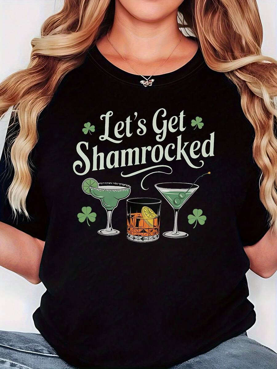 Camiseta para mujer con estampado gráfico "Let's Get Shamrocked" del Día de San Patricio, de manga corta y cuello redondo, casual para primavera-verano, ocio diario, regalo festivo - Negro - Ver 1