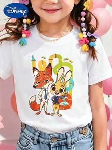 [1pc]Girls Disney Zootopia Nick Wilde Judy Hopps Graphic Short Sleeve T Shirt Casual Crew Neck Summer Tee For Kids - trắng - Xem 1