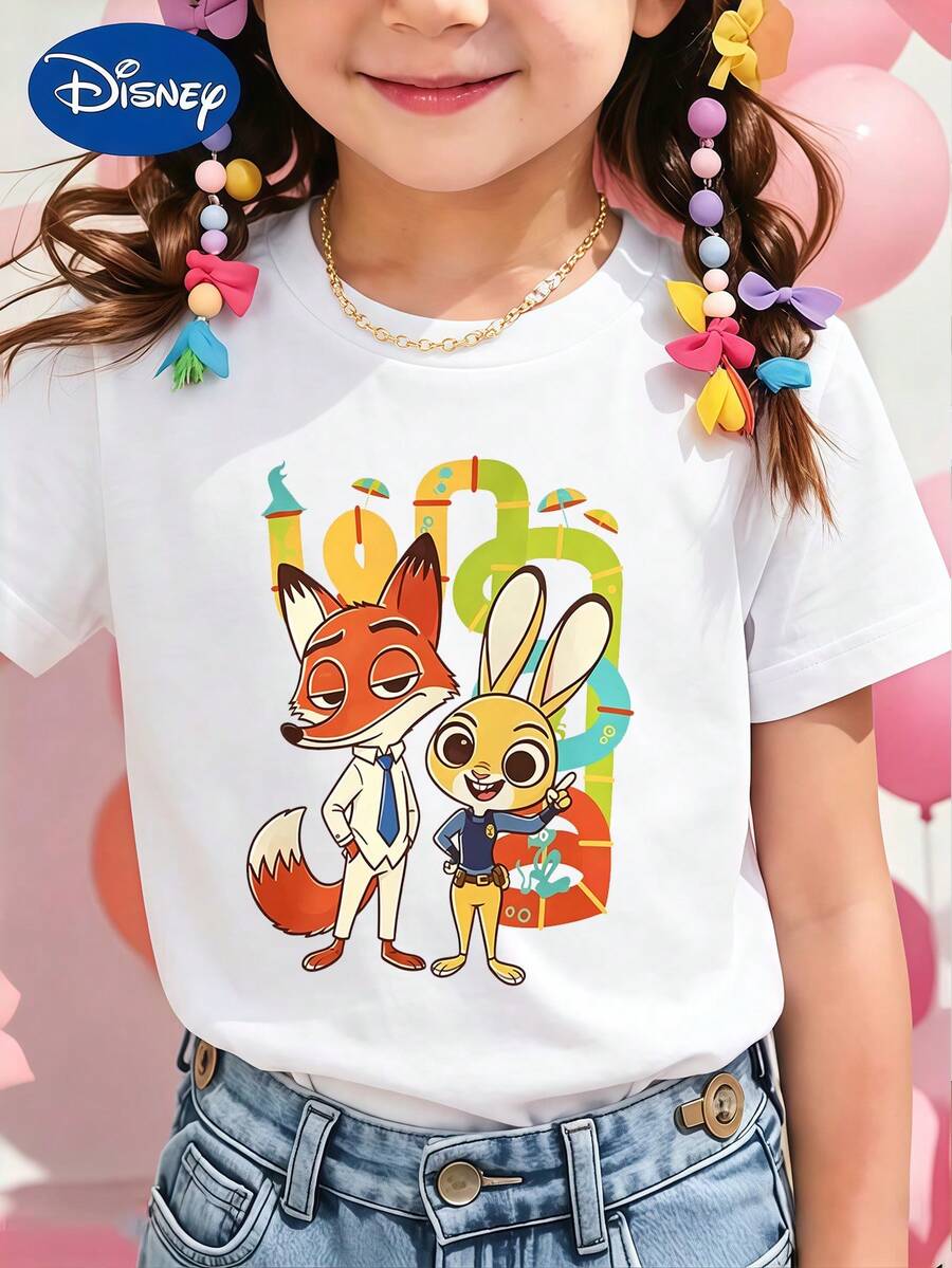 [1pc]Girls Disney Zootopia Nick Wilde Judy Hopps Graphic Short Sleeve T Shirt Casual Crew Neck Summer Tee For Kids - trắng - Xem 1