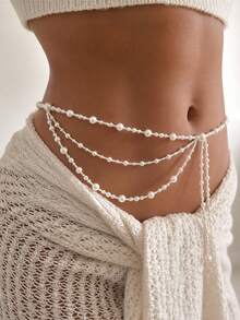 1 pieza Cadena de cintura con colgante de borlas multicapa con perlas falsas de estilo bohemio vintage, cadena corporal sexy para mujer, accesorio de lujo, adecuado para boda, fiesta, playa, casual, ropa de calle, regalo de pareja, regalo de vacaciones y cumpleaños - Blanco - Ver 1