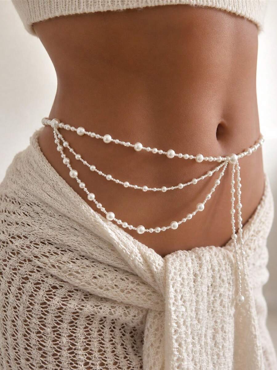 1 pieza Cadena de cintura con colgante de borlas multicapa con perlas falsas de estilo bohemio vintage, cadena corporal sexy para mujer, accesorio de lujo, adecuado para boda, fiesta, playa, casual, ropa de calle, regalo de pareja, regalo de vacaciones y cumpleaños - Blanco - Ver 1