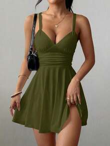 Vestido corto de punto sexy y elegante con escote en V, cintura fruncida y tirantes finos para mujer - Verde militar - Ver 1