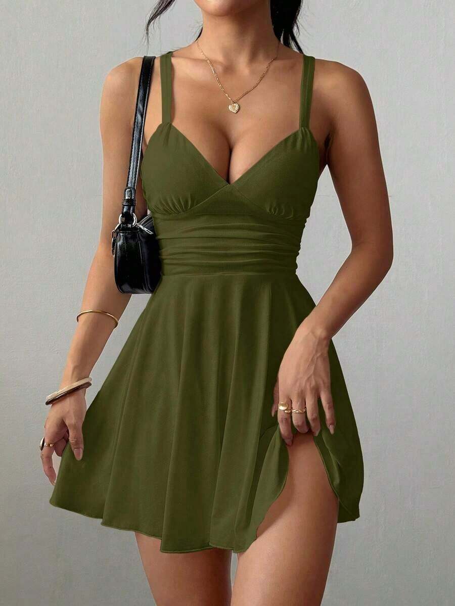 Vestido corto de punto sexy y elegante con escote en V, cintura fruncida y tirantes finos para mujer - Verde militar - Ver 1