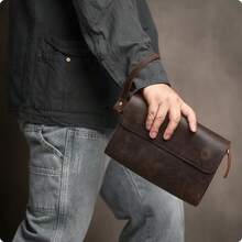 1PCS, Men's Genuine Leather Clutch Bag, Crazy Horse Leather Handbag, Top Layer Cowhide Multifunctional Phone Bag - 復古咖啡 (VCE) - 查看 2