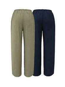 Summer Bestie 2-Piece Set Green & Navy Blue Wide Leg Pants, Elastic Waist Drawstring Loose Drapey Casual Pants, Lightweight Breathable Linen Texture Slouchy Women's Long Pants - Green and Navy Blue - View 4
