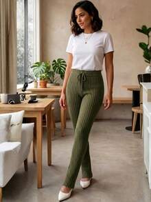 Women's Slim Fit Ribbed Knit Pants With High Waist And Adjustable Drawstring, Casual, Autumn/Winter Knitwear - Krem Gelap - View 9