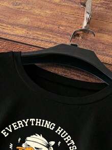 Camiseta de manga corta de punto ajustada con estampado de pato, estilo casual y moderno, unisex, de una pieza, de gran tamaño, para mujer, ideal para el gimnasio. - Negro - Ver 10