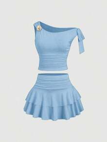 Conjunto de top de tirantes y minifalda plisada y con decoración de flores metálicas para mujer, ideal para el verano - Azul - Ver 3