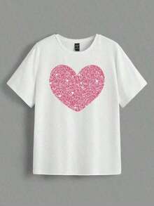 Prenda individual, no un conjunto de 3 piezas, 1 piezas/set de camisetas de manga suitable for streetwear, Top oversized cuello redondo daily outings, camping, concerts, hip-hop, rock, and rap events camisetas de manga corta holgadas con cuello redondo, con estampado de diente de león y corazón con texto "BEAUTIFUL" para mujer, adecuadas para el verano - Blanco - Ver 2