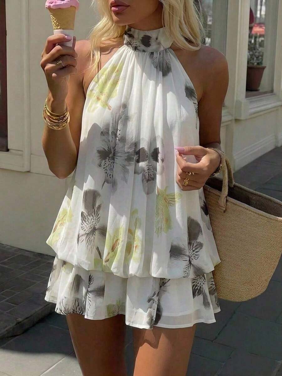 Vestido mini elegante de mujer con cuello de halter y corbata en color amarillo claro - Multicolor - Ver 1