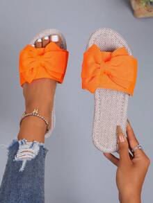 PWIIMG Women's Summer New Linen Insole Sandals, Plus Size Wide Fit Sandals With Bow Decor Open Toe For Summer Classic Versatile Beach Slippers, Orange - Orange - View 8