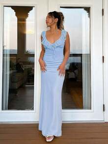 Fashionable Fitted Dress For Women With Sexy Ruffles And Laces - Blue - View 1