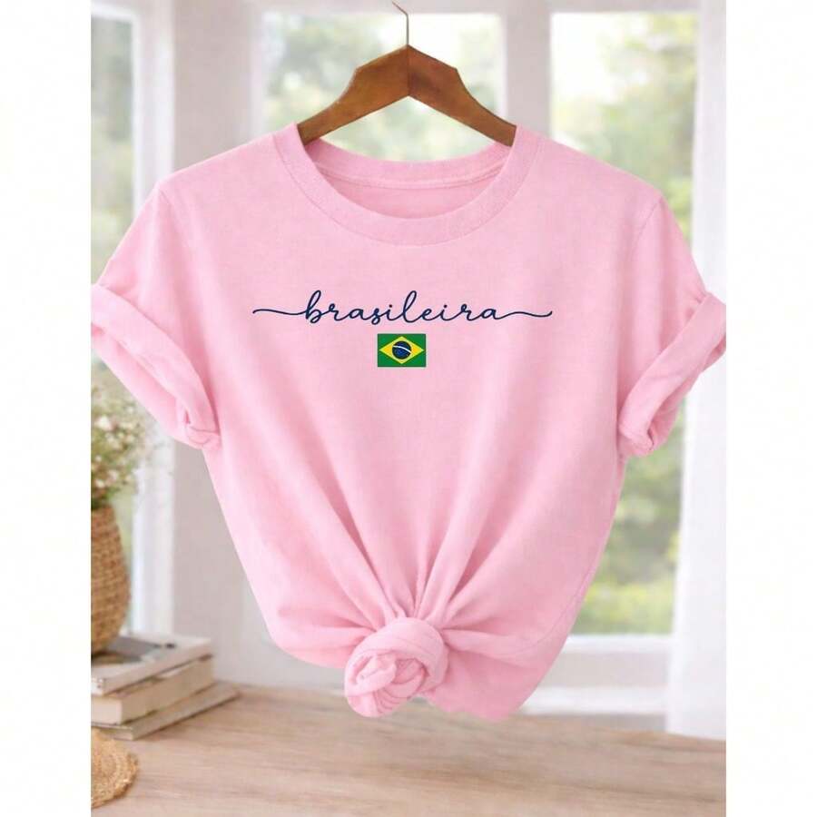 Brazilian Women's Yellow T-Shirt With Brazil Print - 100% Cotton - Casual - World Cup - National Team - 粉紅色的 - 查看 1