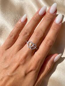 1pc 925 Sterling Silver Fashionable Rhinestone Double Heart Ring, Suitable For Daily Wear, Exquisite Jewelry, Birthday Gift - Diamond-encrusted Double Heart Ring - View 4