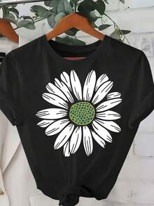 Camiseta extragrande de talla grande para mujer con cuello redondo (1XL-5XL) - Blusa de manga corta con estampado floral de margaritas blancas y verde/amarillo brillante, uste tipo blusa, aptara figuras con curvas, atuendo casual lavable a máquina, prenda superior esencial para el ar - Negro - Ver 2